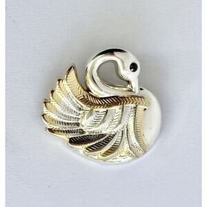 Vintage Swan Brooch Pendant Gold & Silver Tone Metal & Black Stone 1.75” pin